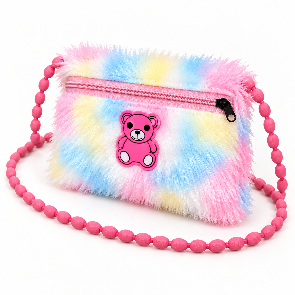 Pastel multicolour shoulder pouch in three-quarter view, showing a shaggy surface, pink teddy bear decoration, closed pink zipper and pink beaded strap.