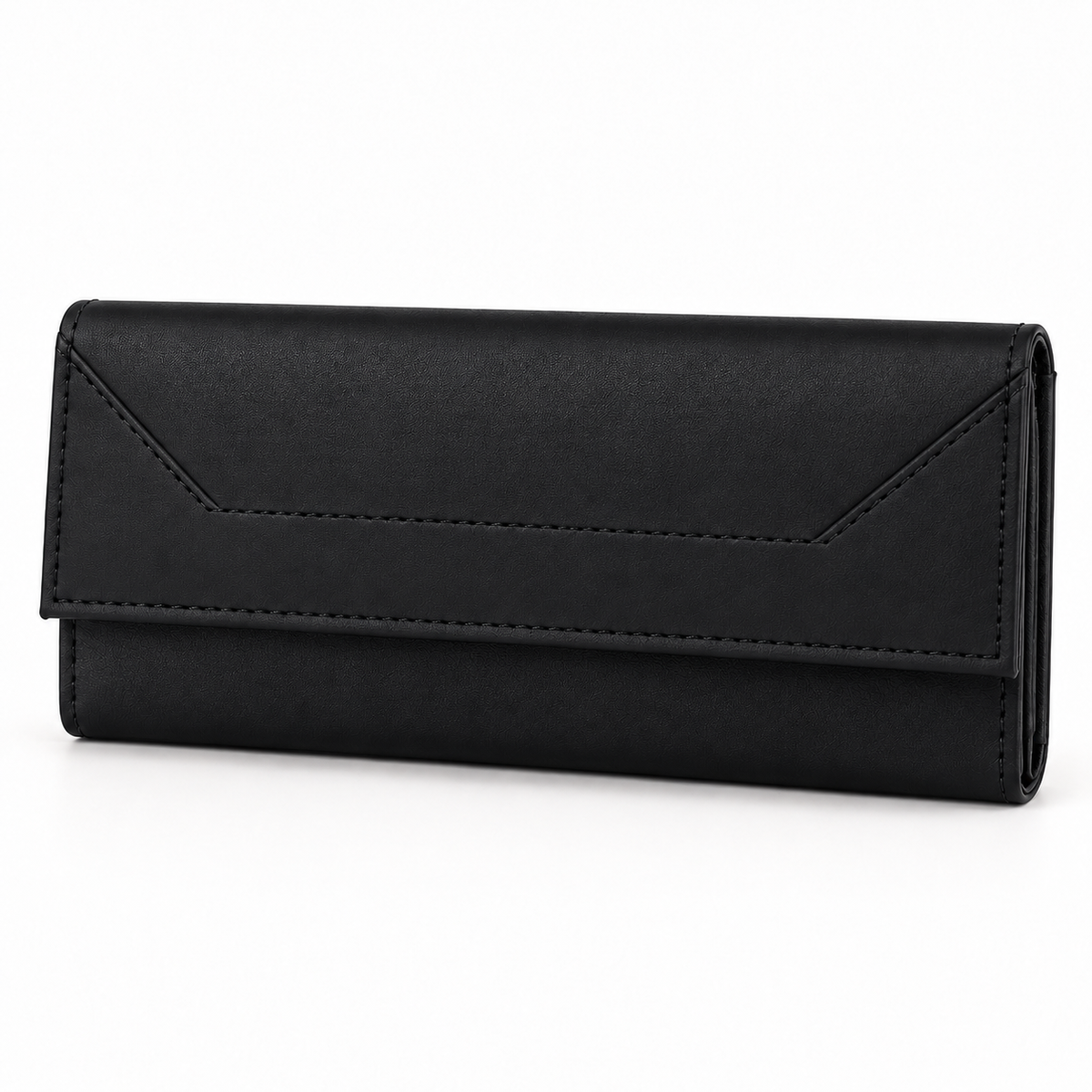 Black long wallet in three-quarter front view with a fine-grained surface, envelope-style flap, matching edge stitching and a visible folded side profile.