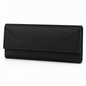 Black long wallet in three-quarter front view with a fine-grained surface, envelope-style flap, matching edge stitching and a visible folded side profile.