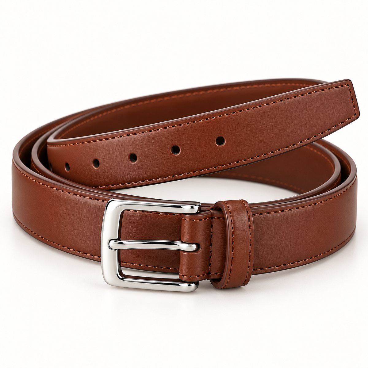 Brown belt in a close angled coiled view, highlighting the silver-tone pin buckle, stitched keeper loop, neat edge stitching and round adjustment holes.