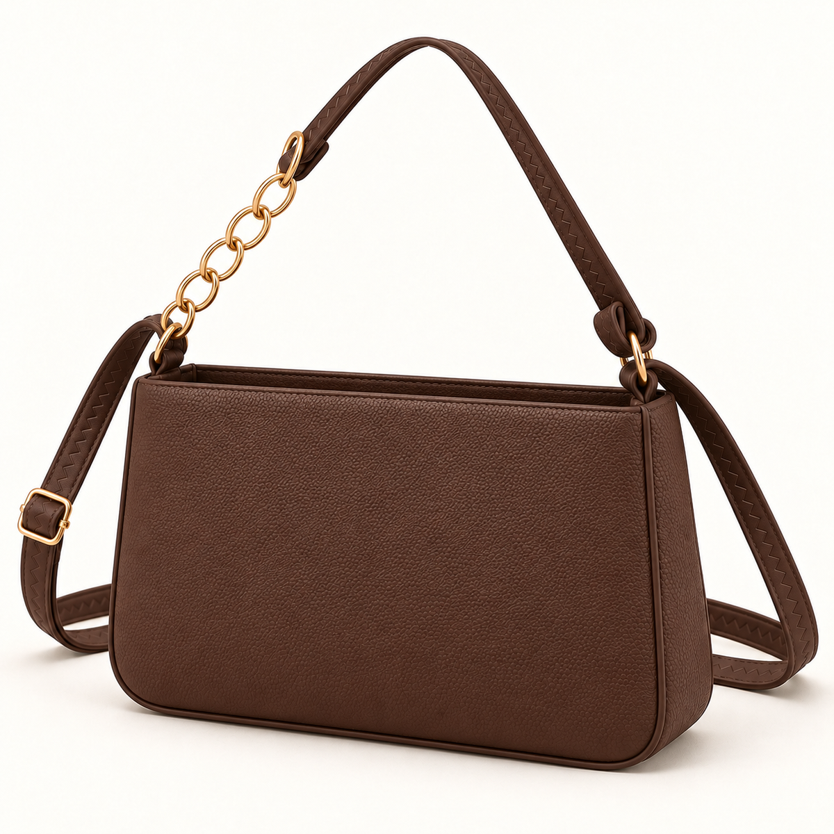 Brown rectangular shoulder bag in three-quarter view, showing a pebbled surface, rounded lower corners, side panel and gold-tone chain strap detail.