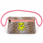 Front view of a beige and grey fuzzy shoulder pouch with a yellow teddy bear decoration, peach zipper, black zip pull and pink beaded strap.
