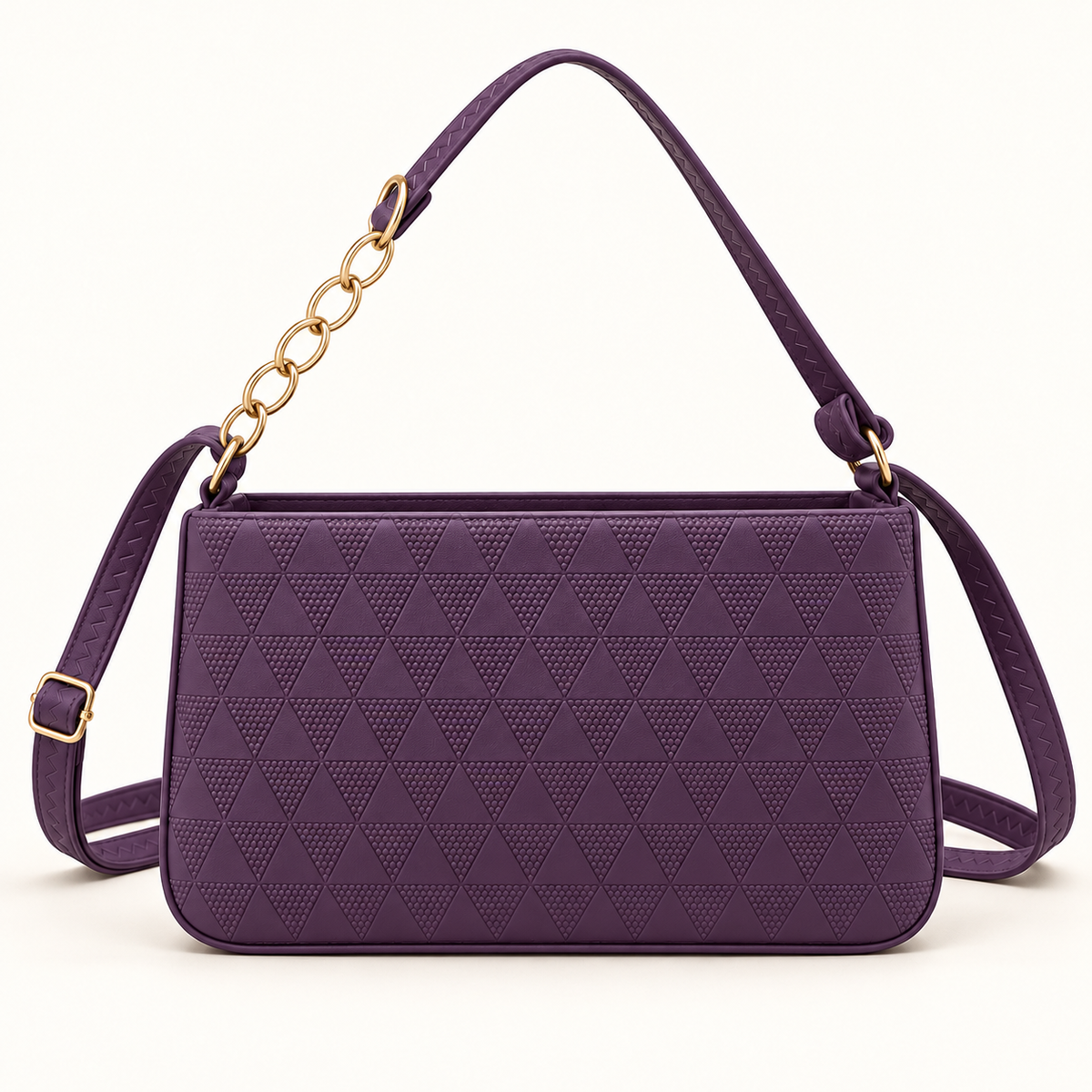 Front view of a purple rectangular shoulder bag featuring rows of patterned triangles, rounded lower corners and a zigzag-detailed strap with gold-tone links.