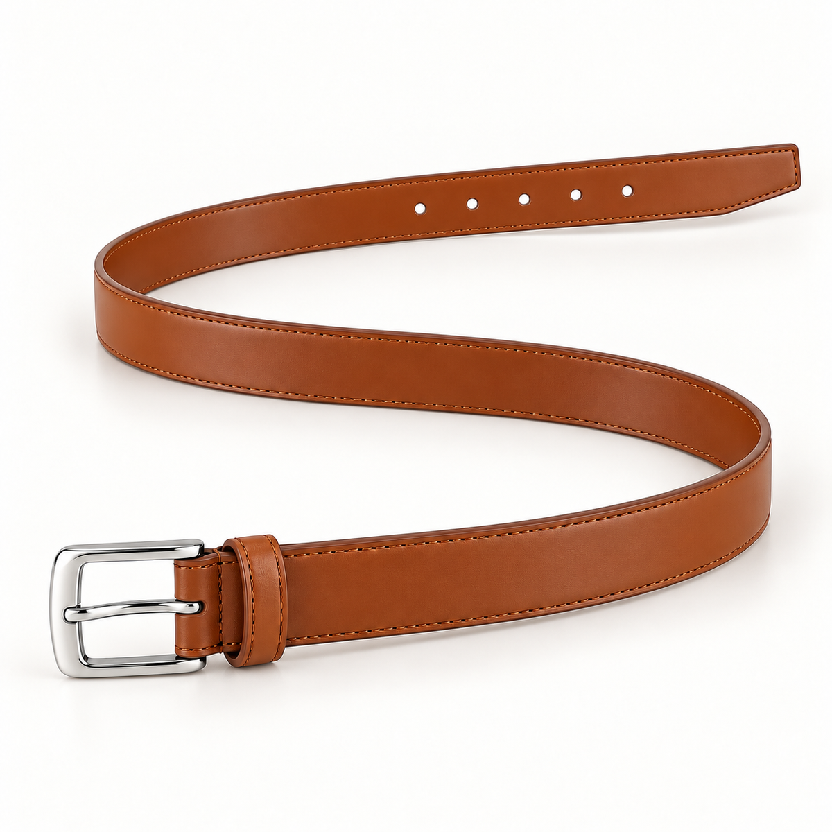 Tan belt laid out in an S-shaped curve from above, showing its plain surface, stitched edges, row of round holes and silver-tone rectangular buckle.
