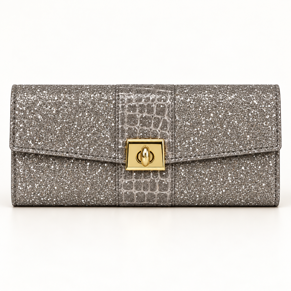 Grey glitter evening clutch in front view with a long envelope-style flap, central embossed scale-pattern band and square gold-tone turn-lock clasp.