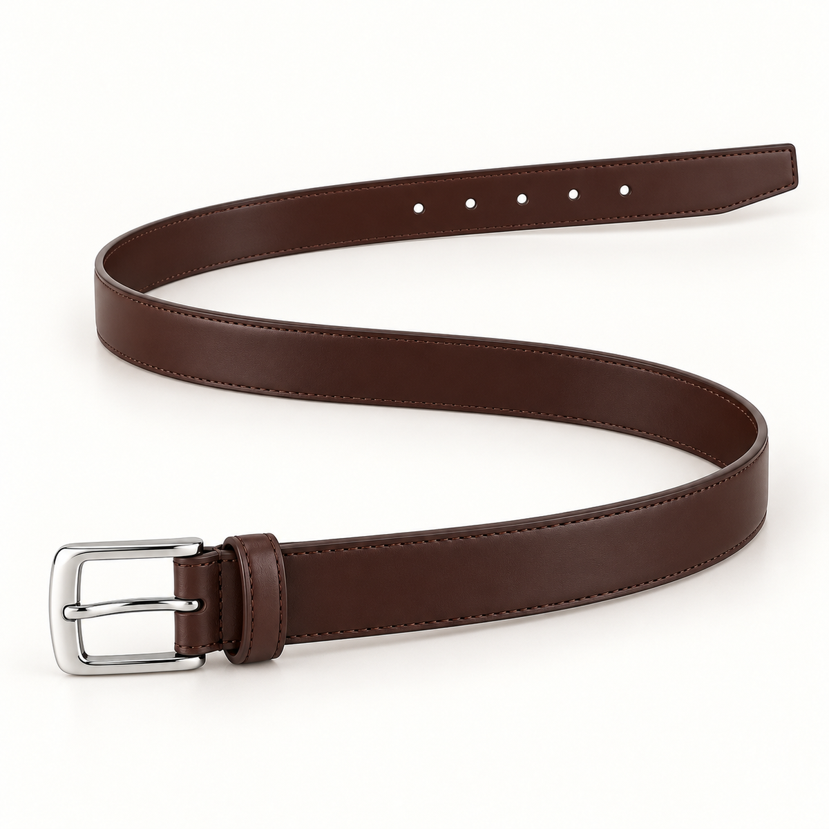 Dark brown belt in an extended S-shaped overhead view with matching edge stitching, round adjustment holes, keeper loop and silver-tone pin buckle.