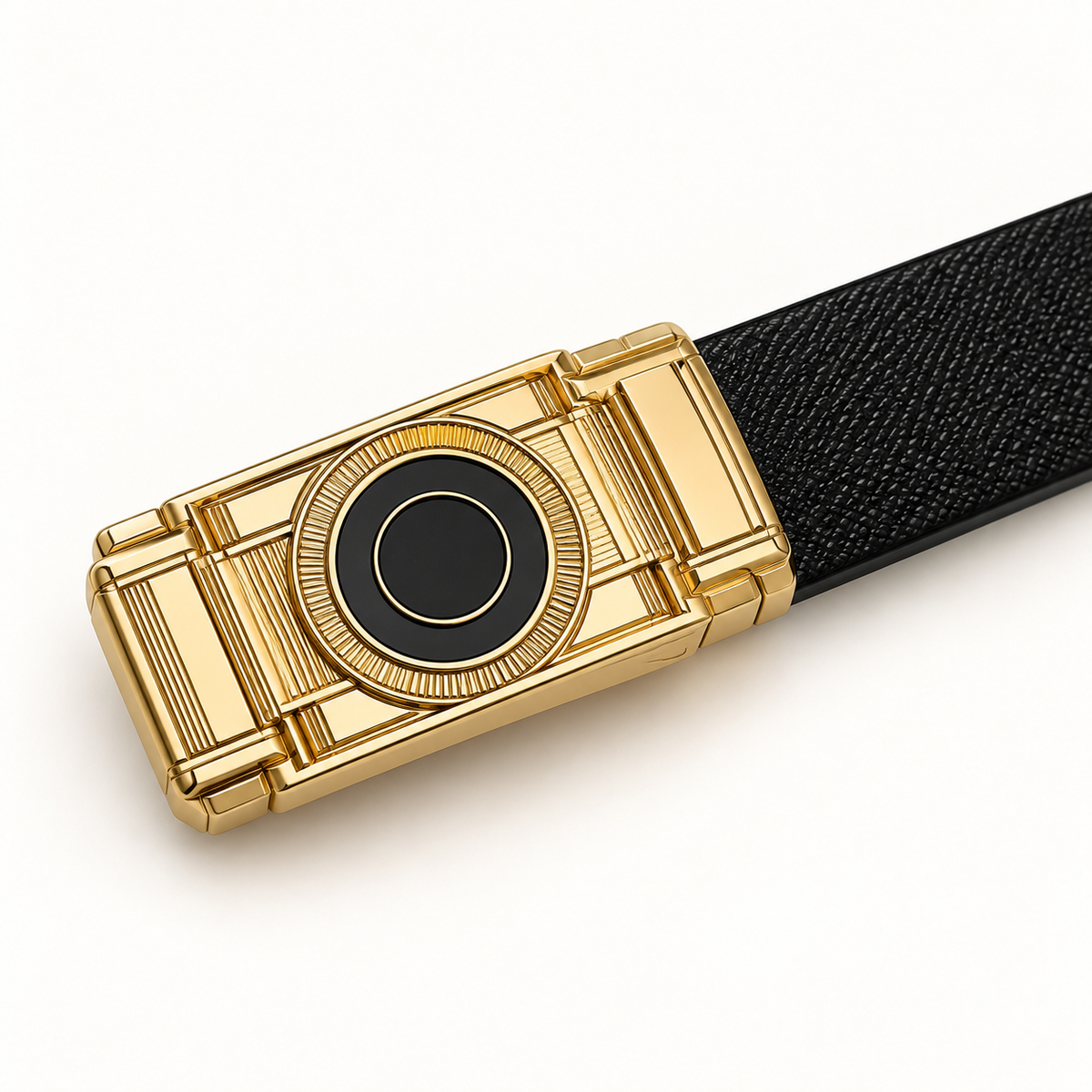 Angled close-up of a black textured belt with an ornate gold-tone rectangular buckle, circular black centre and fine ridged geometric detailing.
