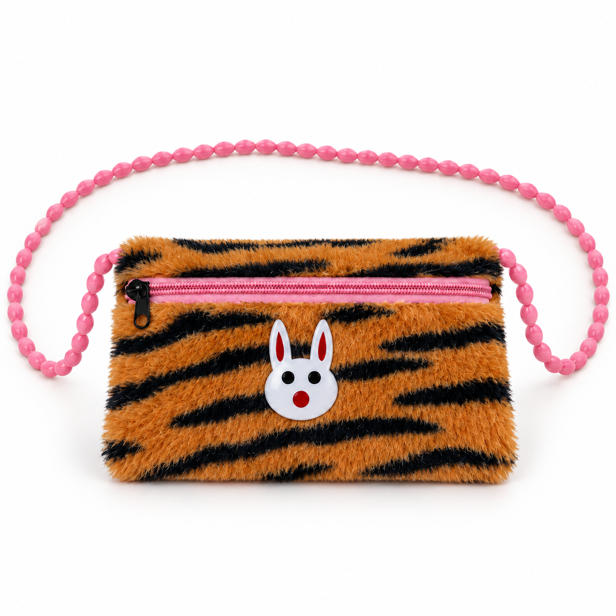 Orange and black tiger-striped shoulder pouch in front view, featuring a fuzzy surface, white rabbit face decoration, pink zipper and pink beaded strap.