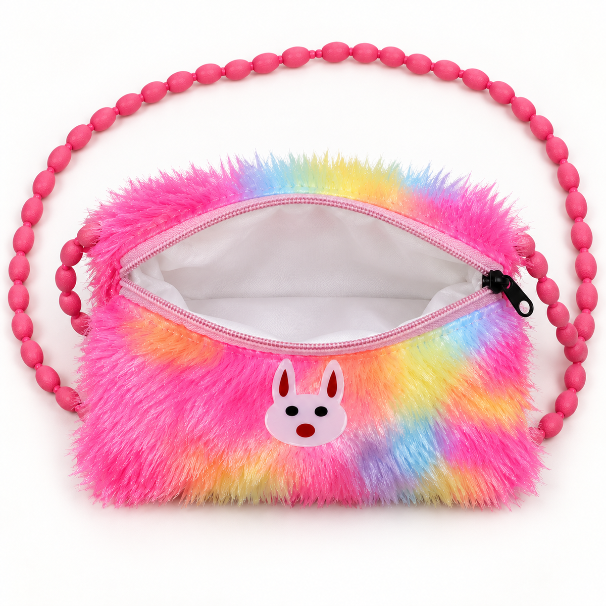 Open pink rainbow shoulder pouch viewed from above, with a shaggy surface, white lining, pale pink rabbit face, pink zipper and black zip pull.