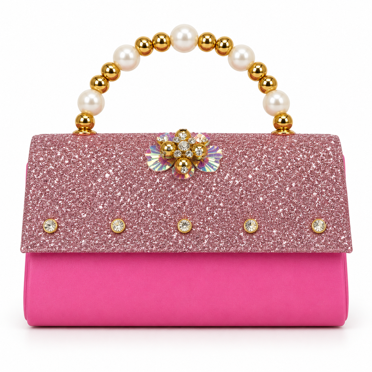 Bright pink evening bag in front view with a pink glitter flap, iridescent and clear stone decoration, and a cream pearl-like and gold-tone bead handle.