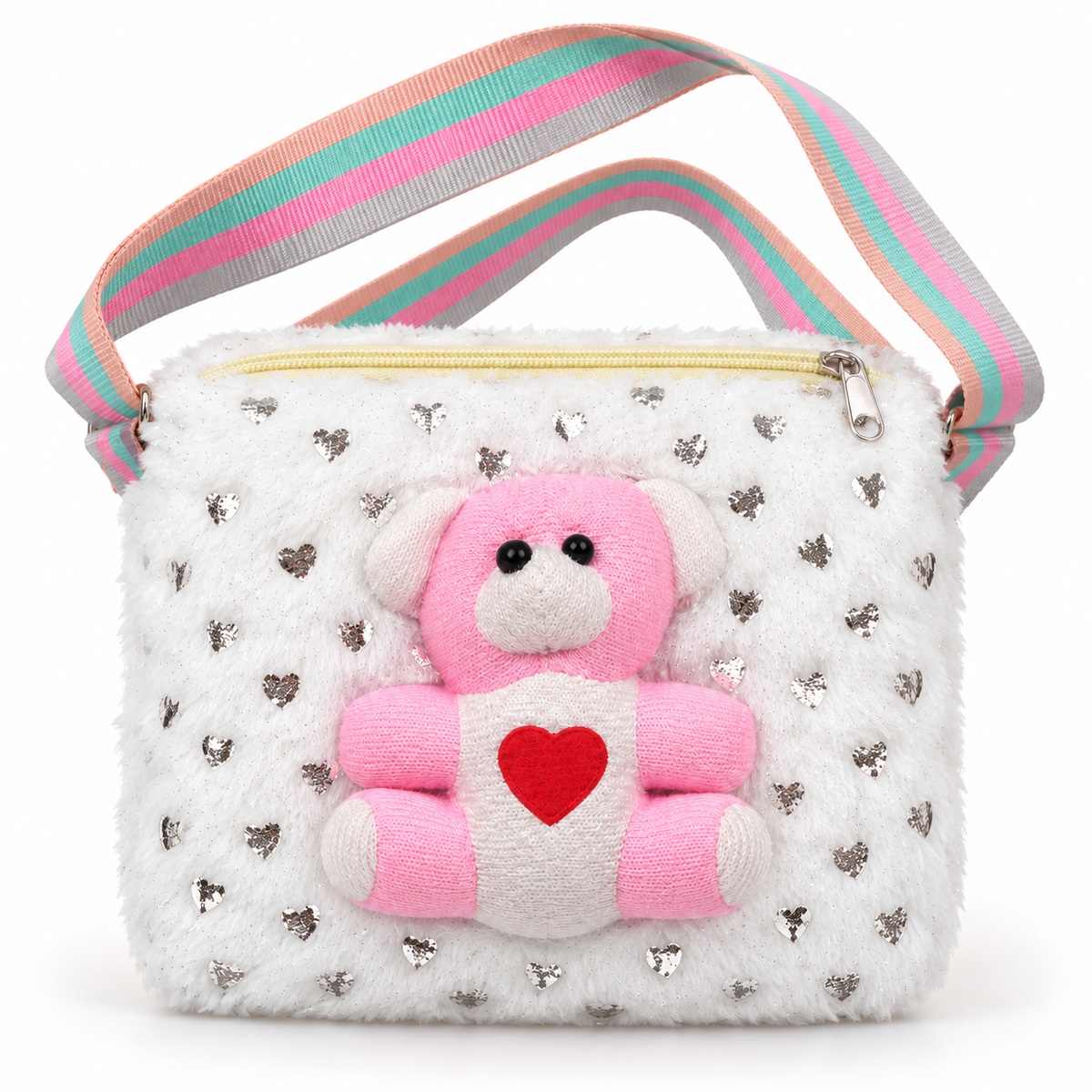 White fuzzy shoulder bag in front view with silver heart motifs, a pink and white teddy bear decoration, pale yellow zipper and pastel striped strap.