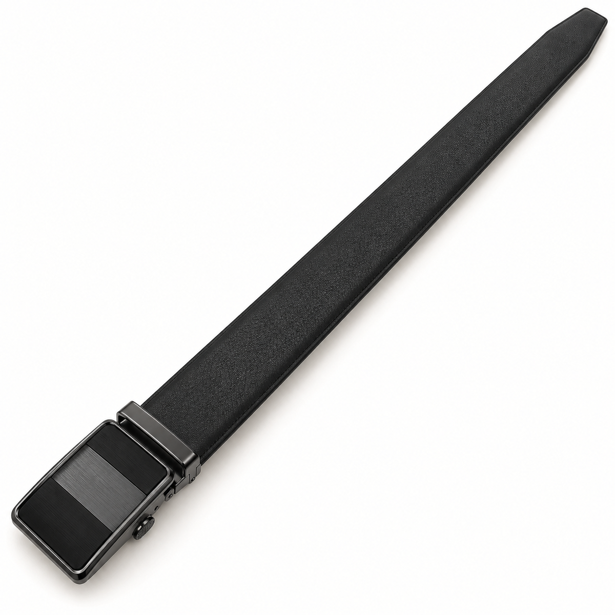 Black belt in a full-length diagonal view with a plain rectangular automatic clamp buckle and tapered tip.