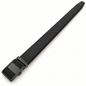 Black belt in a full-length diagonal view with a plain rectangular automatic clamp buckle and tapered tip.
