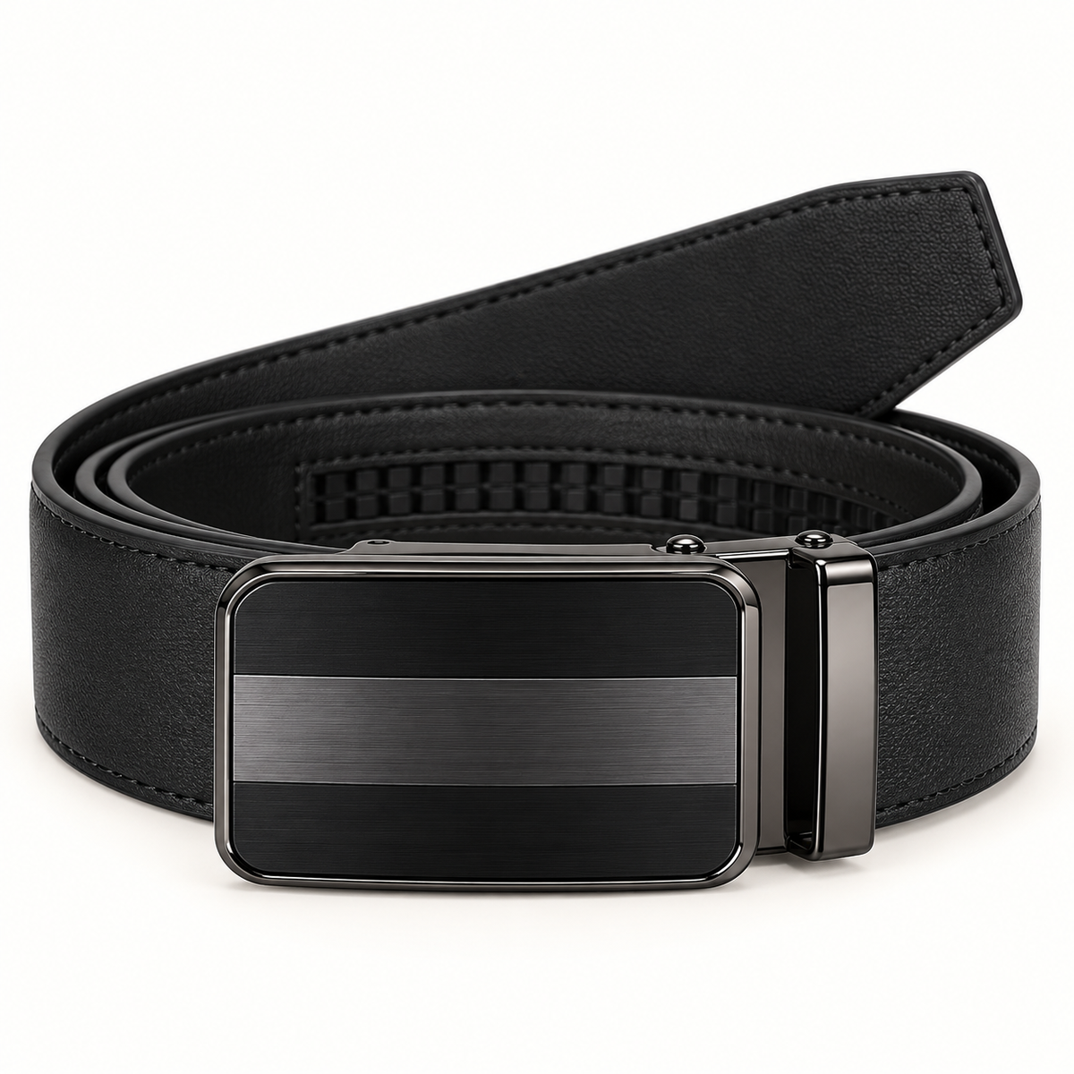 Black belt neatly coiled with an unbranded rectangular clamp buckle featuring a brushed central band.
