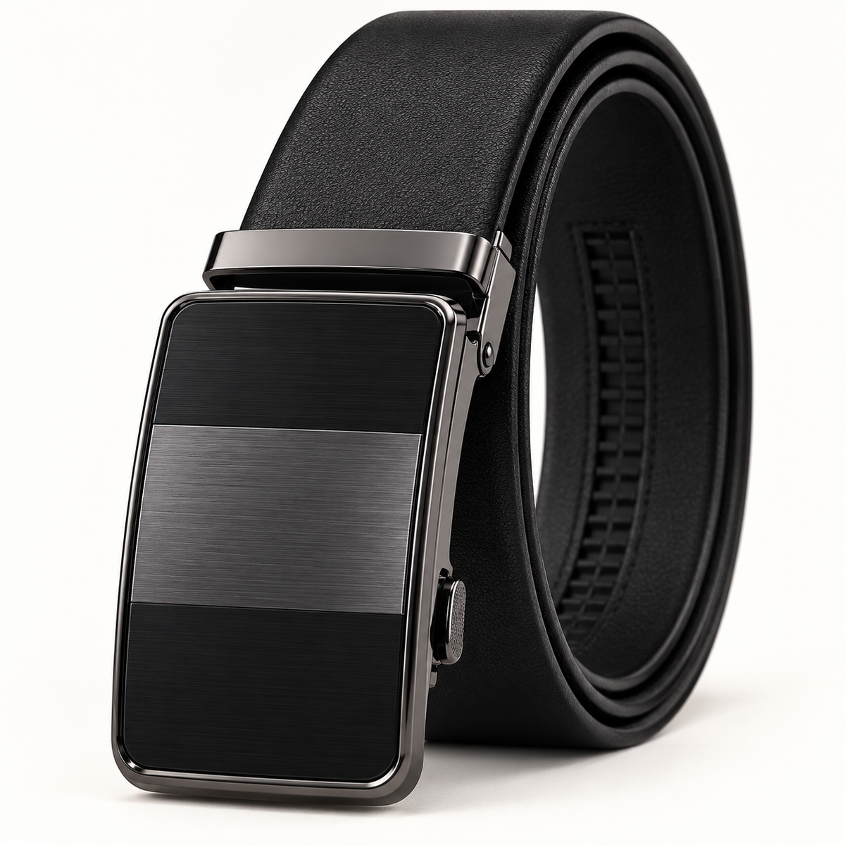 Close-up of the black belt's plain rectangular clamp buckle and adjoining strap.