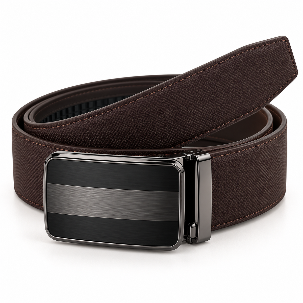 Dark-brown belt in a three-quarter coil with a fine-textured strap and plain rectangular clamp buckle.
