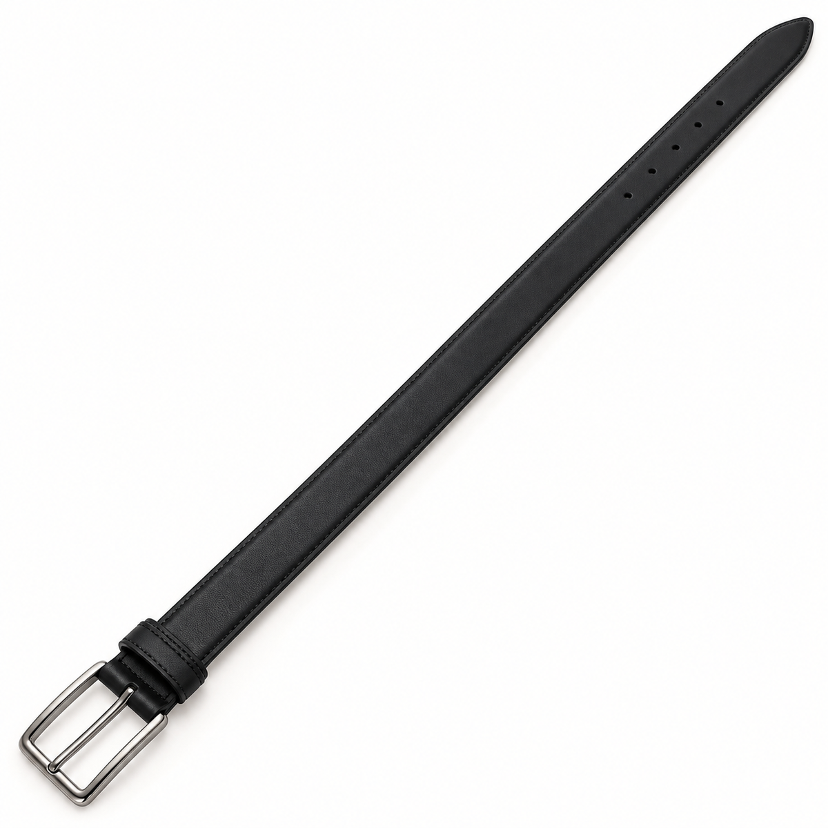 Black belt laid diagonally with a rectangular silver-tone pin buckle, matching keeper, stitched edges and tapered tip.
