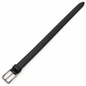Black belt laid diagonally with a rectangular silver-tone pin buckle, matching keeper, stitched edges and tapered tip.