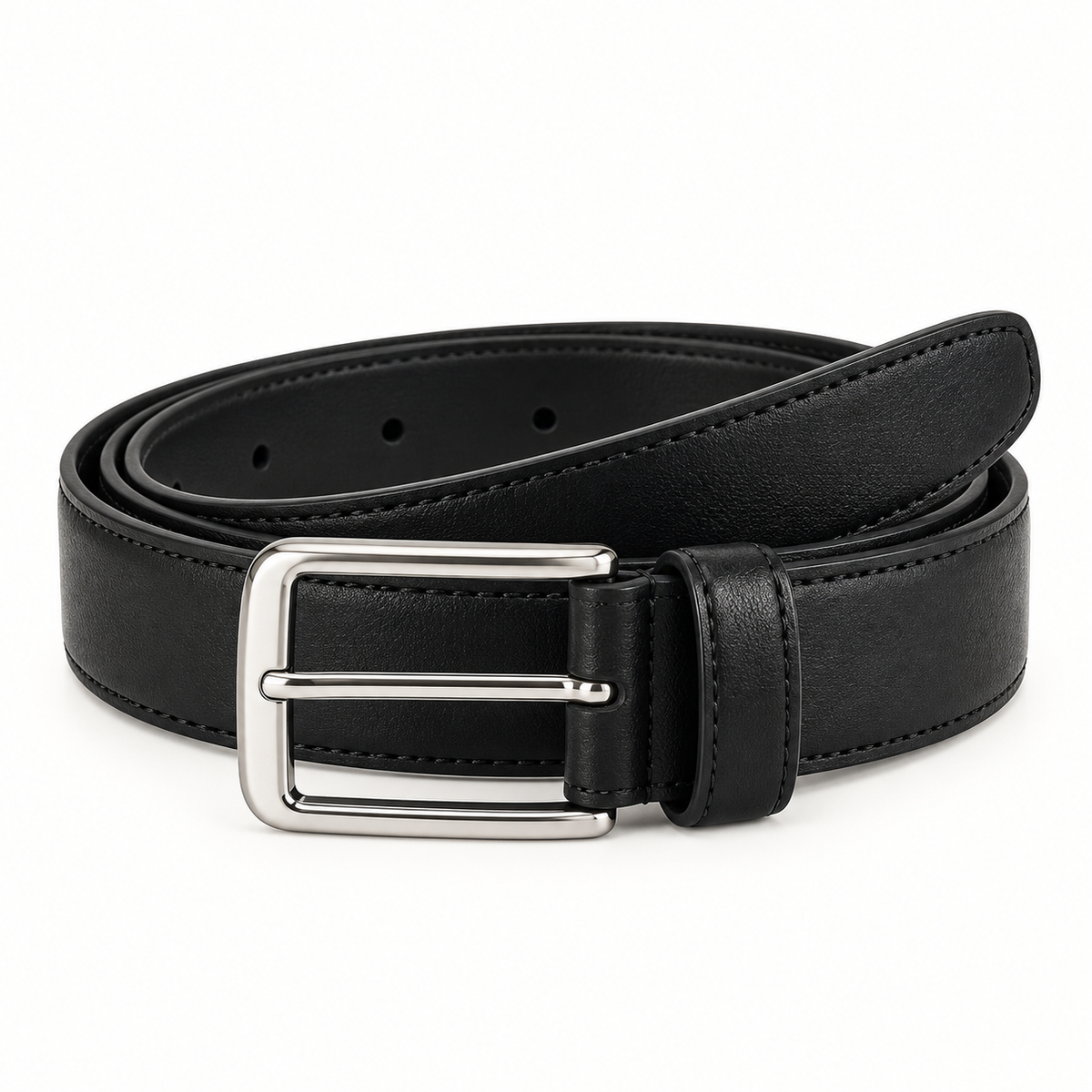 Black belt neatly coiled with a plain rectangular silver-tone pin buckle and matching keeper.