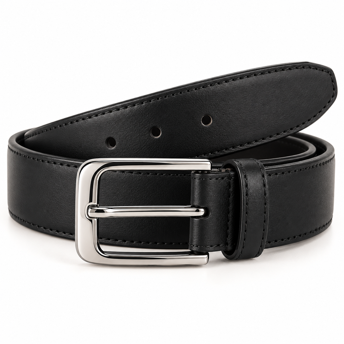 Black belt detail showing the silver-tone pin buckle, matching keeper and edge stitching.