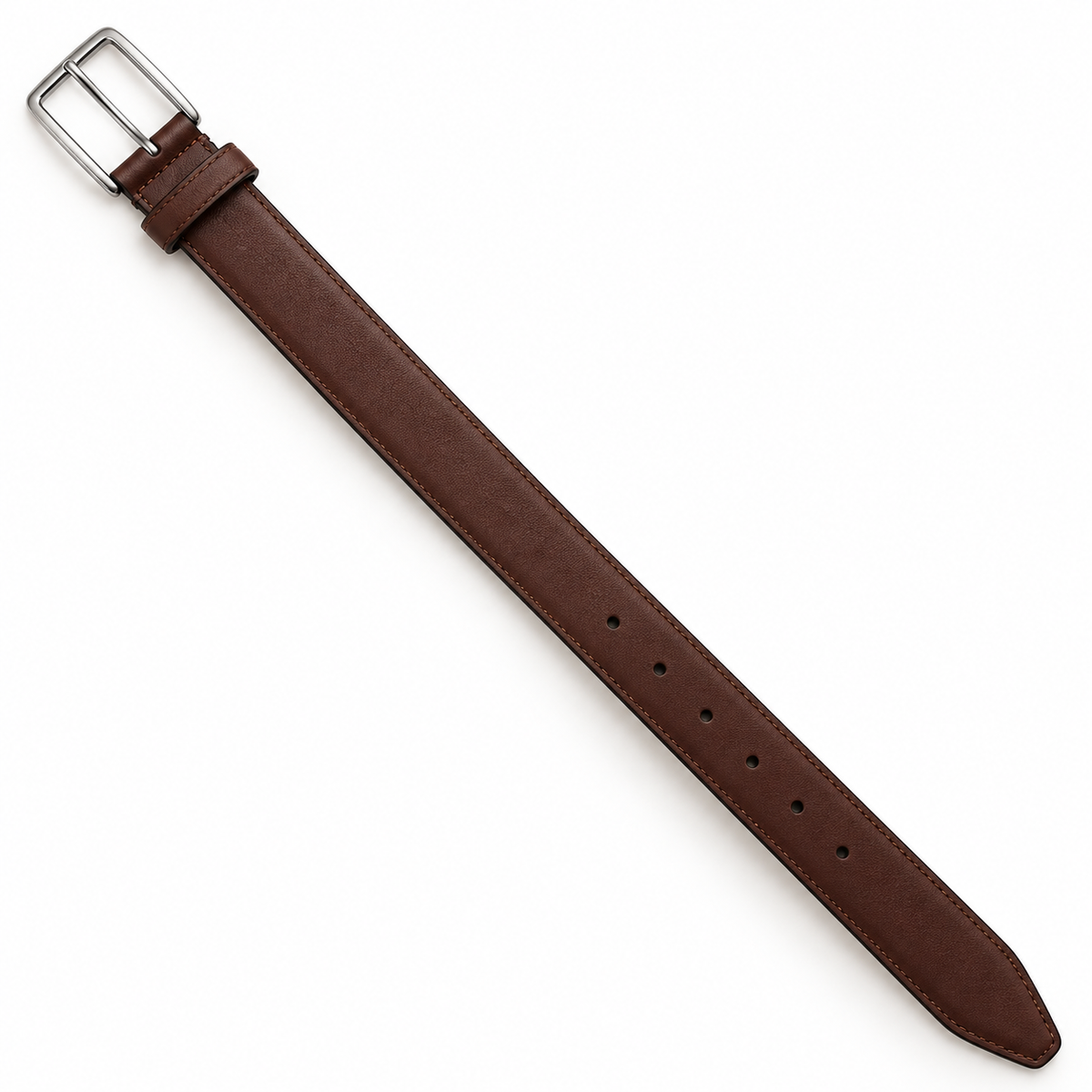 Brown belt laid diagonally with a rectangular silver-tone pin buckle, stitched edges, round adjustment holes and tapered tip.