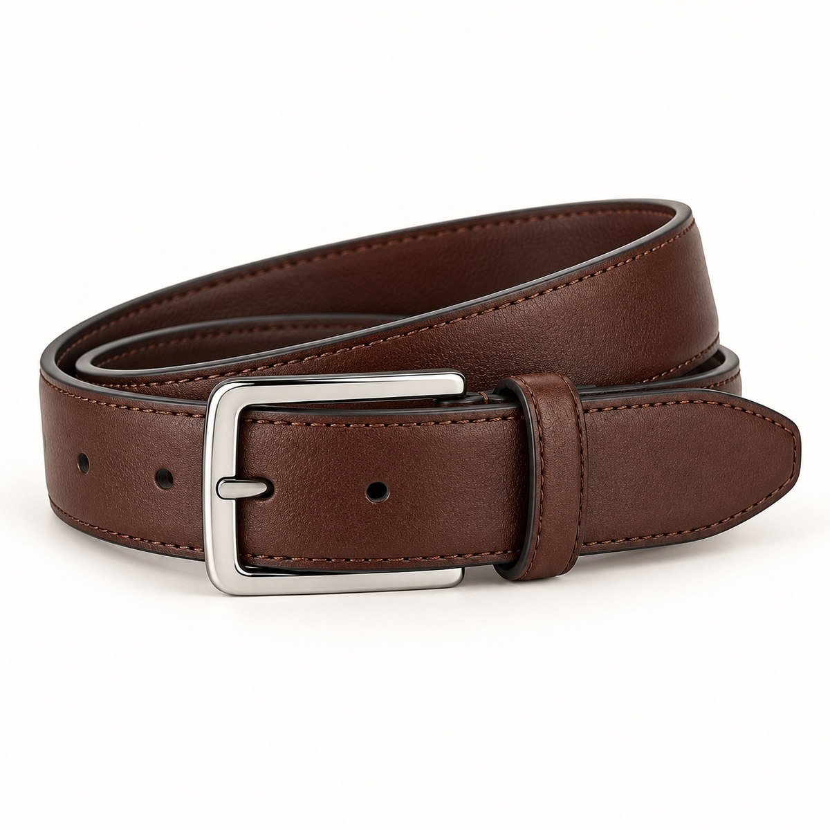Brown belt neatly coiled with a plain rectangular silver-tone pin buckle and matching keeper.