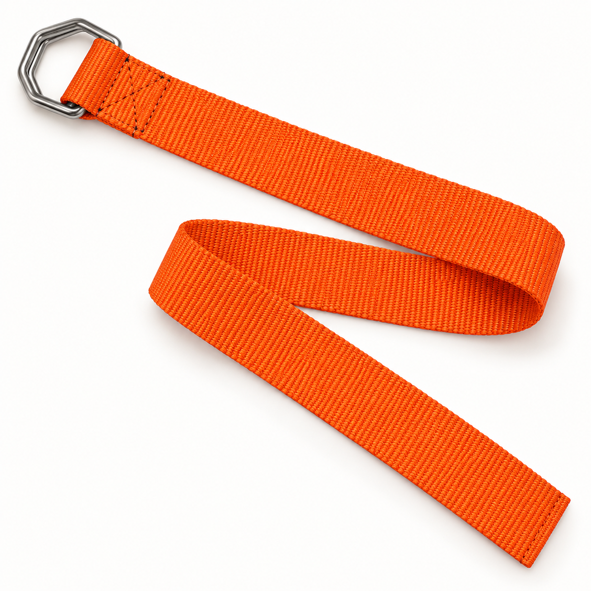 Orange woven nylon belt in a full-length folded diagonal arrangement with a straight-cut end and double silver-tone D-rings.