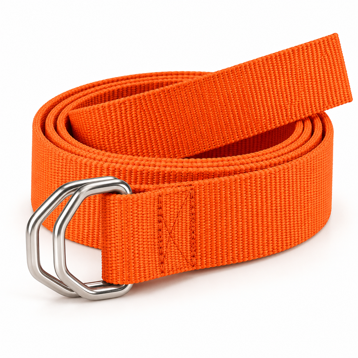 Orange woven nylon belt neatly coiled, showing the double metal D-ring buckle and ribbed strap texture.