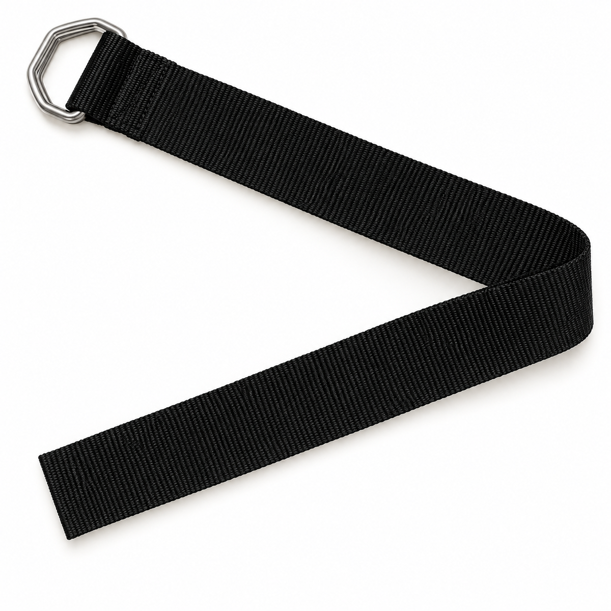 Black woven nylon belt viewed from overhead, with its long strap, straight-cut end and double D-ring buckle visible.