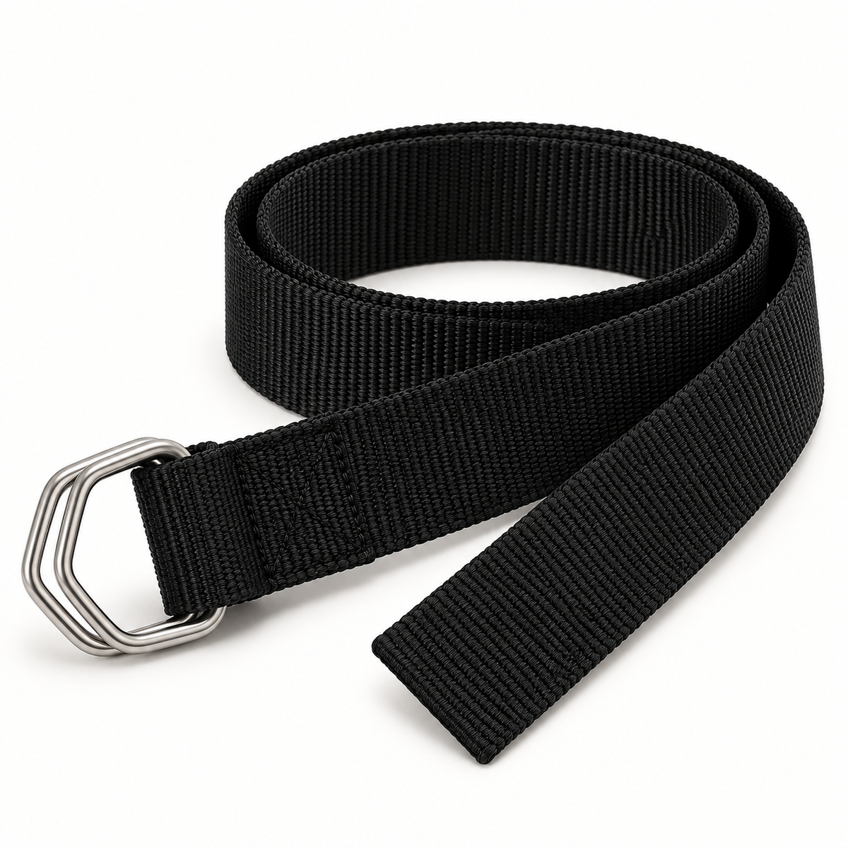 Black woven nylon belt in a three-quarter coil with a double silver-tone D-ring buckle.
