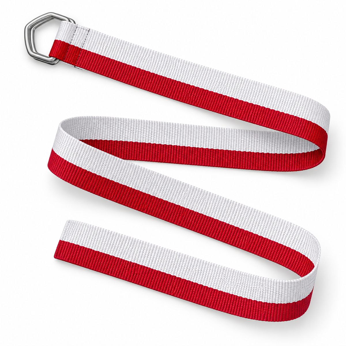 White and red colour-block woven nylon belt in a full-length diagonal arrangement with a straight-cut end and double D-rings.