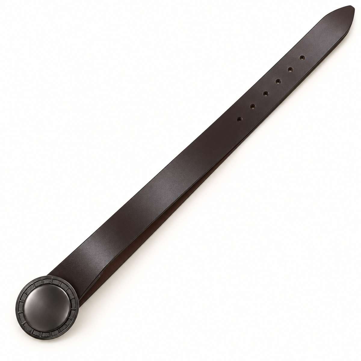 Dark brown belt laid diagonally with a round gunmetal-tone statement buckle, round adjustment holes and tapered tip.