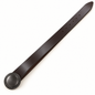 Dark brown belt laid diagonally with a round gunmetal-tone statement buckle, round adjustment holes and tapered tip.
