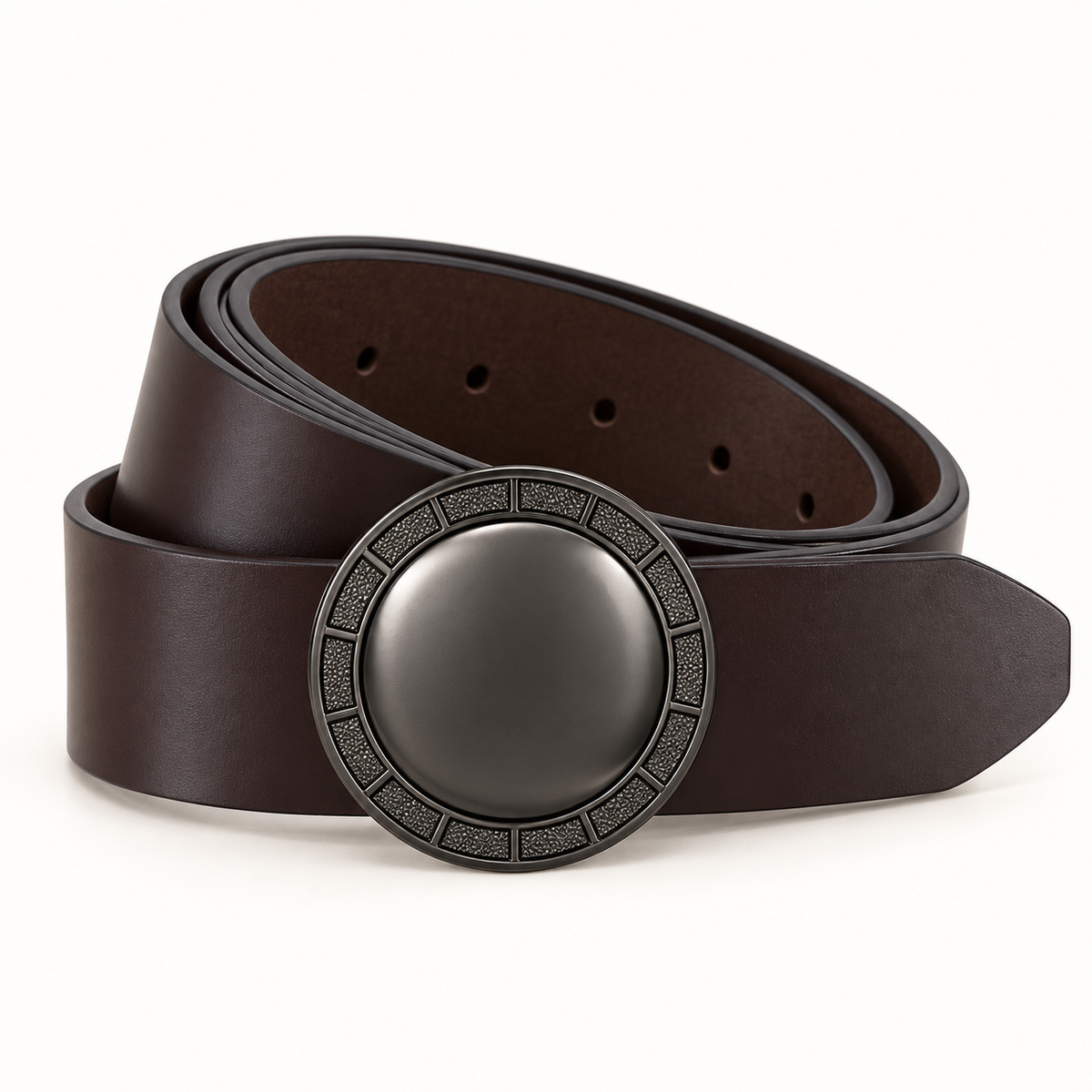 Dark brown belt neatly coiled with a round gunmetal-tone buckle featuring a plain centre and segmented outer rim.