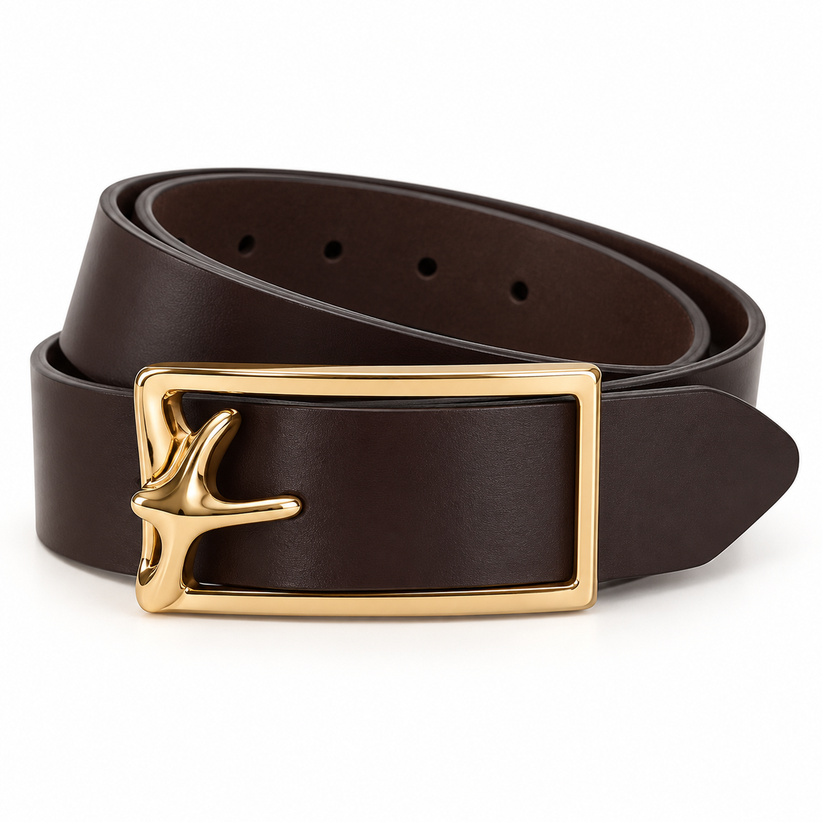 Dark brown belt in a three-quarter coil with a separate rectangular gold-tone statement buckle and sculptural side detail.