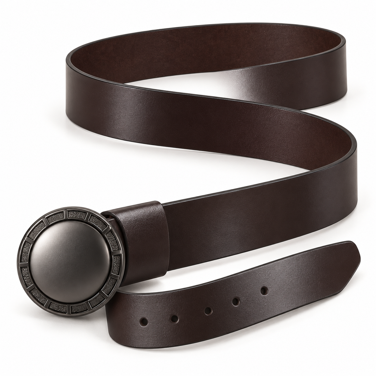 Dark brown belt in an S-shaped arrangement showing its smooth finish, brown underside, round buckle and adjustment holes.
